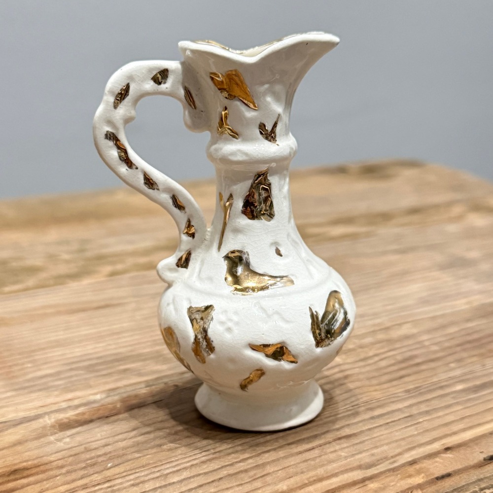 Vintage Antique Miniature White Crackle Glaze Ceramic Pitcher Gold Leaf Accents